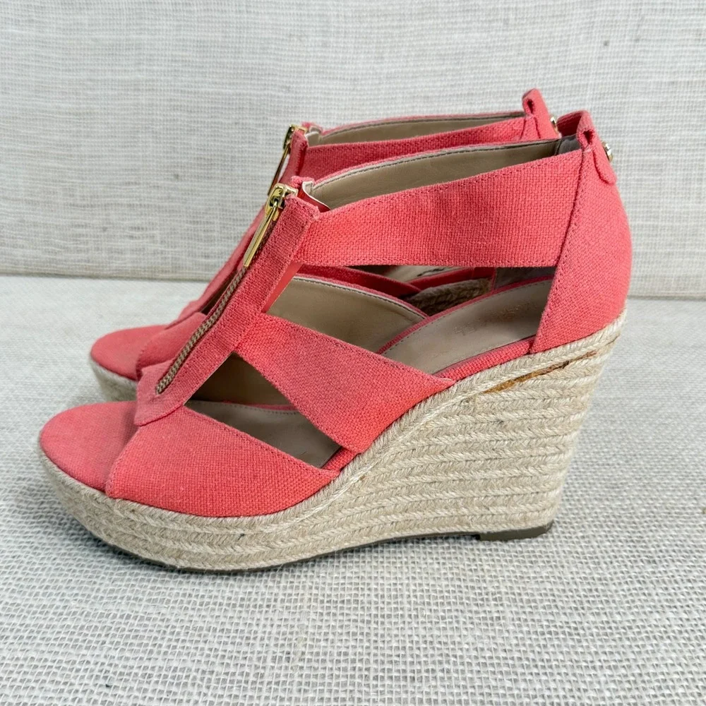 Michael Michael Kors Damita Coral Pink Canvas Espadrille Wedge Sandals Size 8M